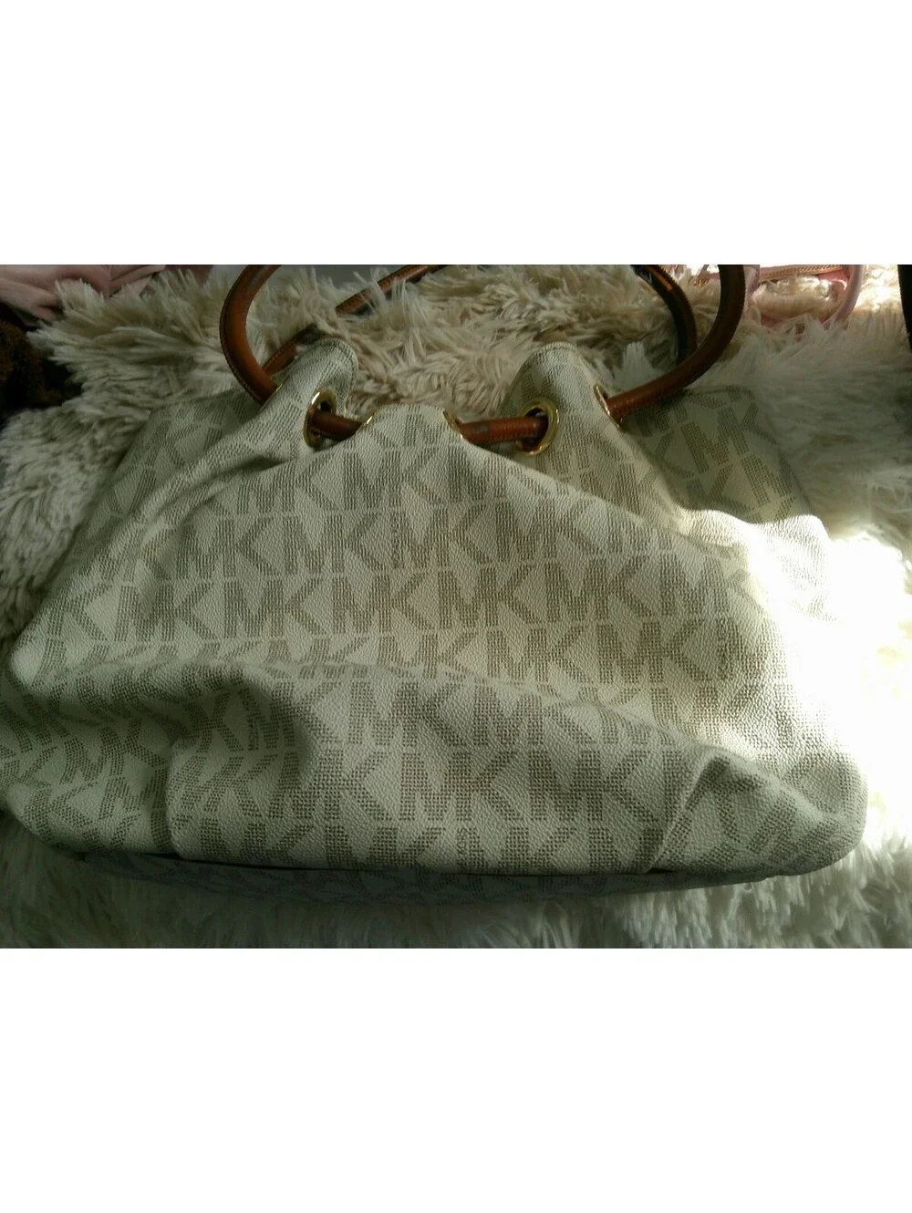 Michael Kors Beige and Brown Monogram Tote Bag with Tassel Charm